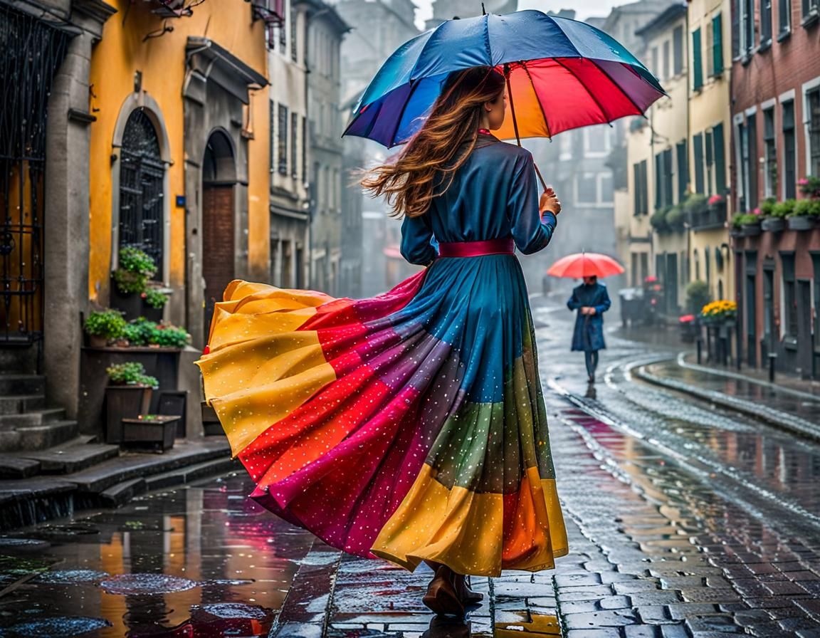 In the midst of a gentle rainfall, a young european girl sta...