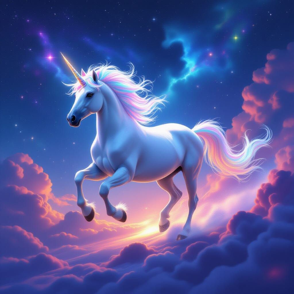 Majestic Unicorn Gallops Through Starlit Sky
