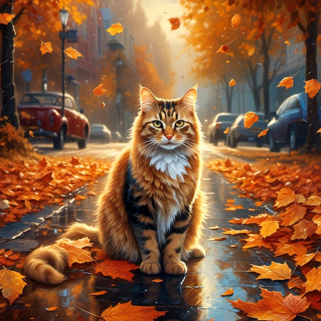  <lora:Surreal Realism:1.0> cat colored, rain, morning, background autumn colours, highly detailed, deep contrast of colors 