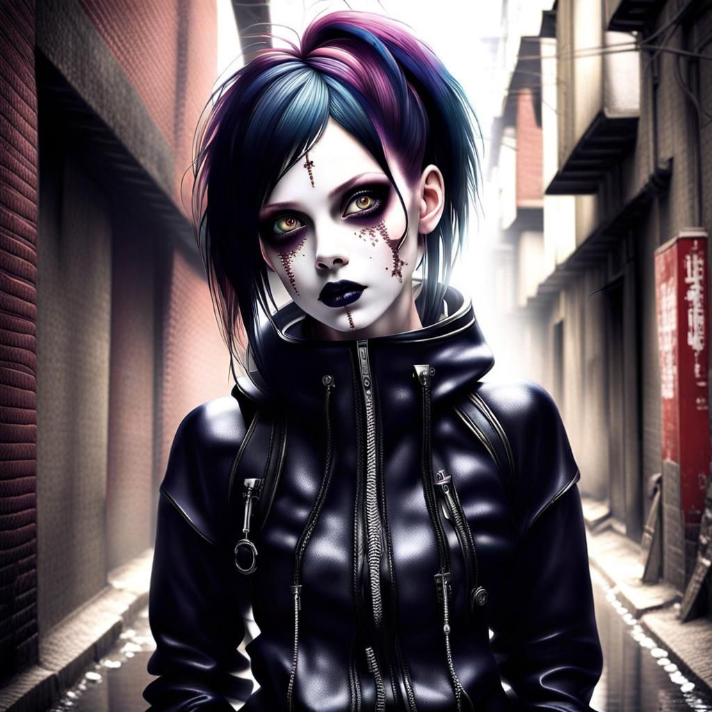 A pretty goth punk girl with white eyes in a dark back alley by ...