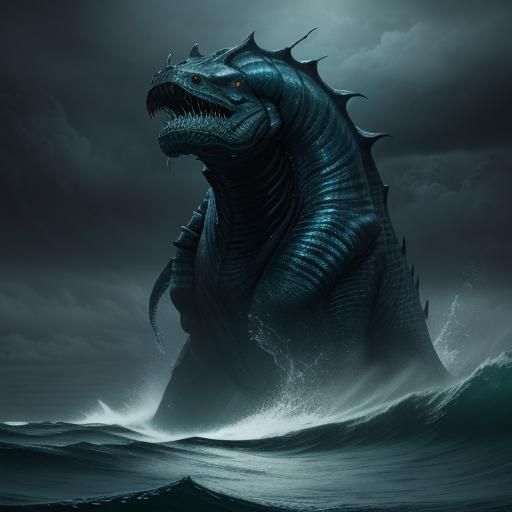 Epic Kun Sea Monster Breaching Stormy Ocean