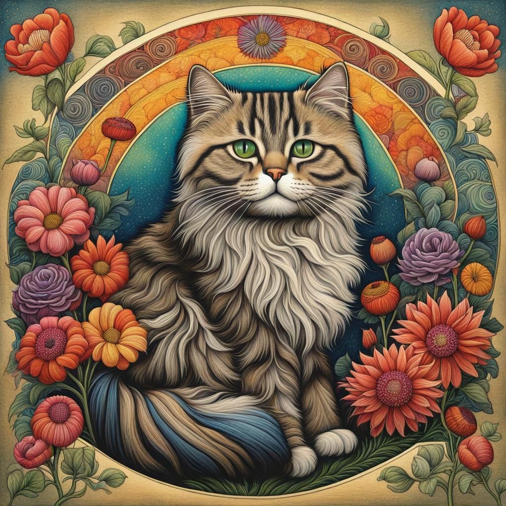 Fluffy Cat, flowers