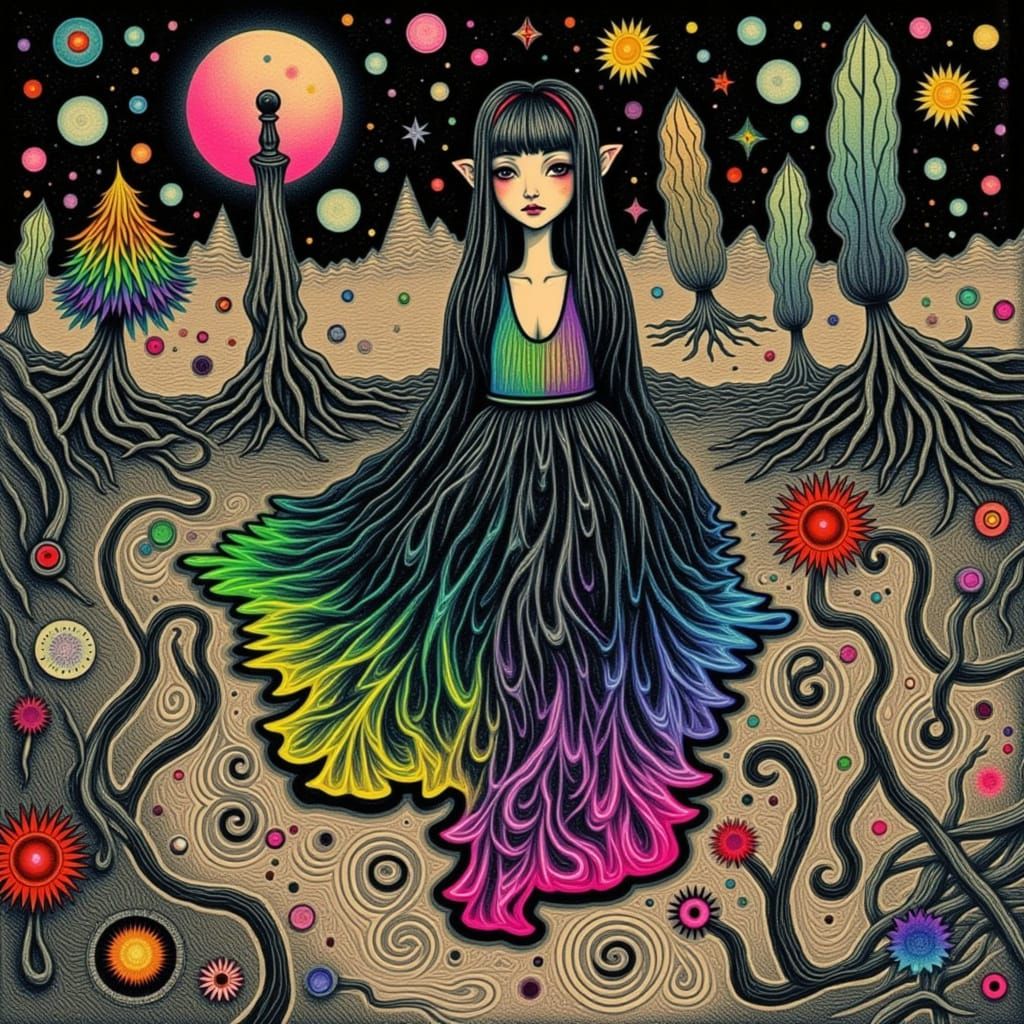 <lora:Wyrd 13:1.0>  A melancholic goth girl with rainbow accents weeps tears of ferrofluid, the tears swirling and merging into intricate pa...