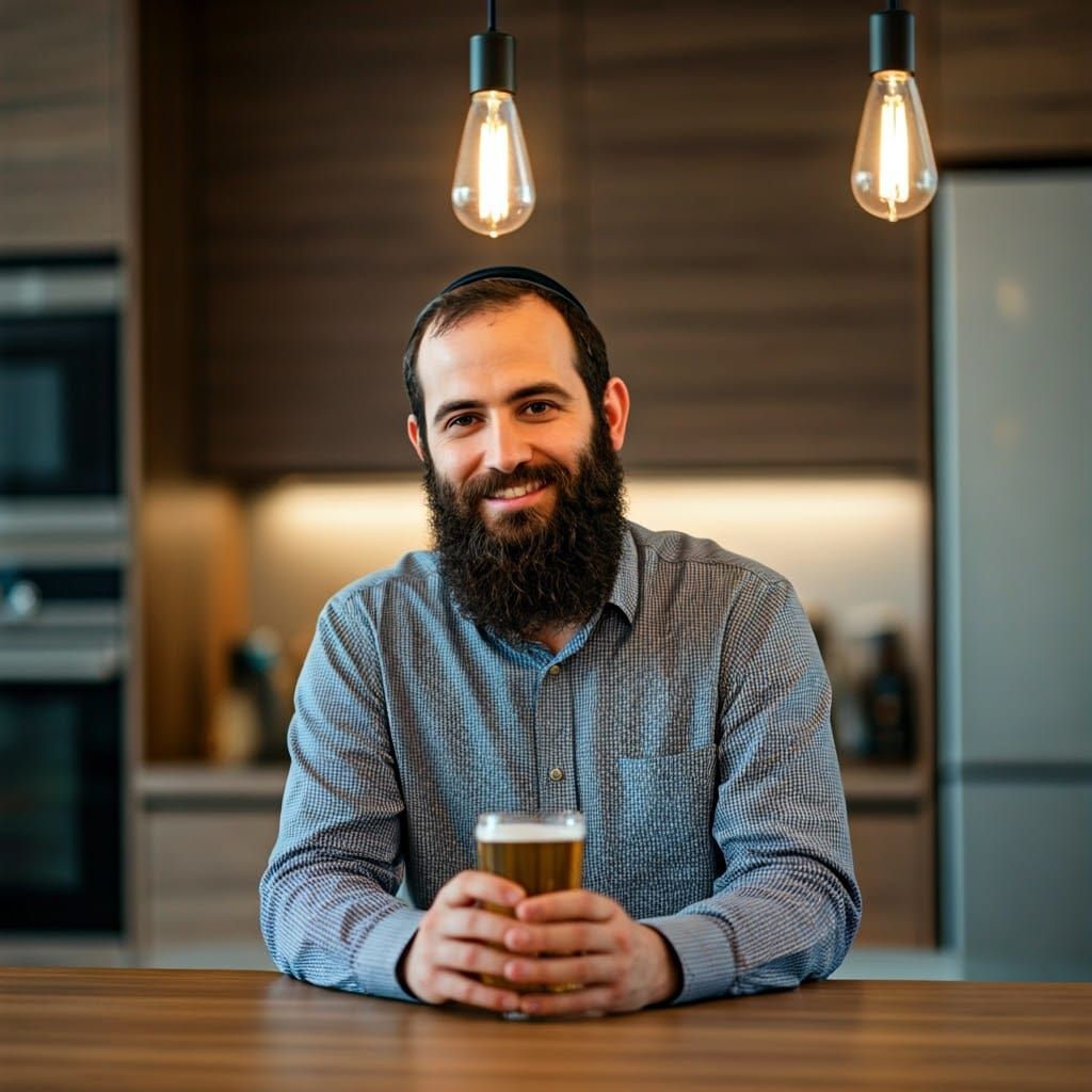 Warm Jewish Gentleman Sits in Modern Kitchen
