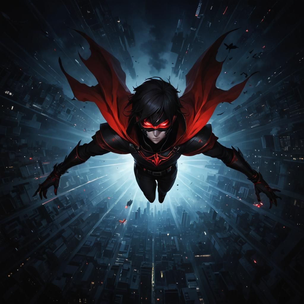Evil villain in all black and red wearing a mask flying above the city looking at the camera, scary, badass, very dark sky, centered, citysc...