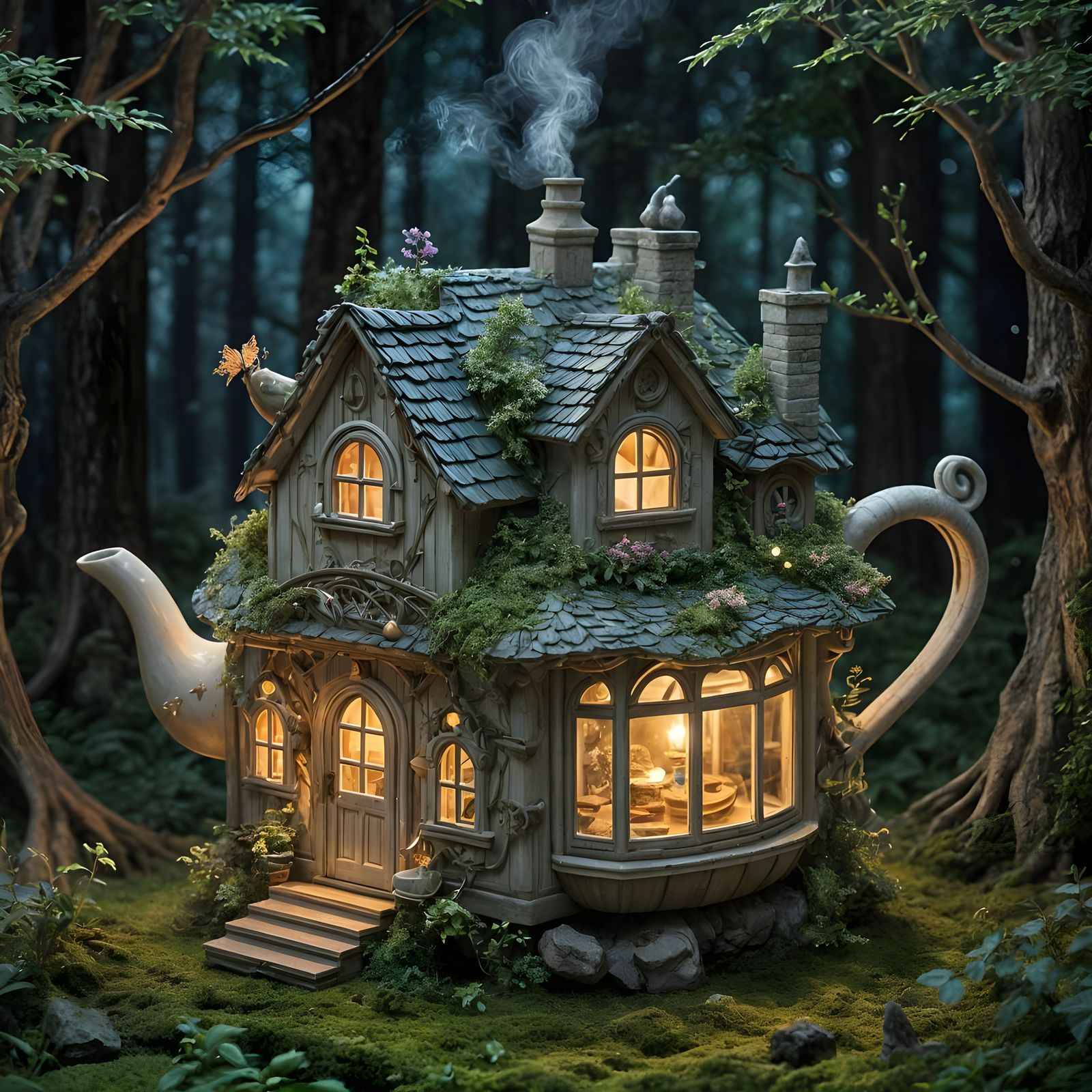 A whimsical teapot designed as a miniature, floating cottage, complete with tiny windows and a smoking ...  by @evolsdoom