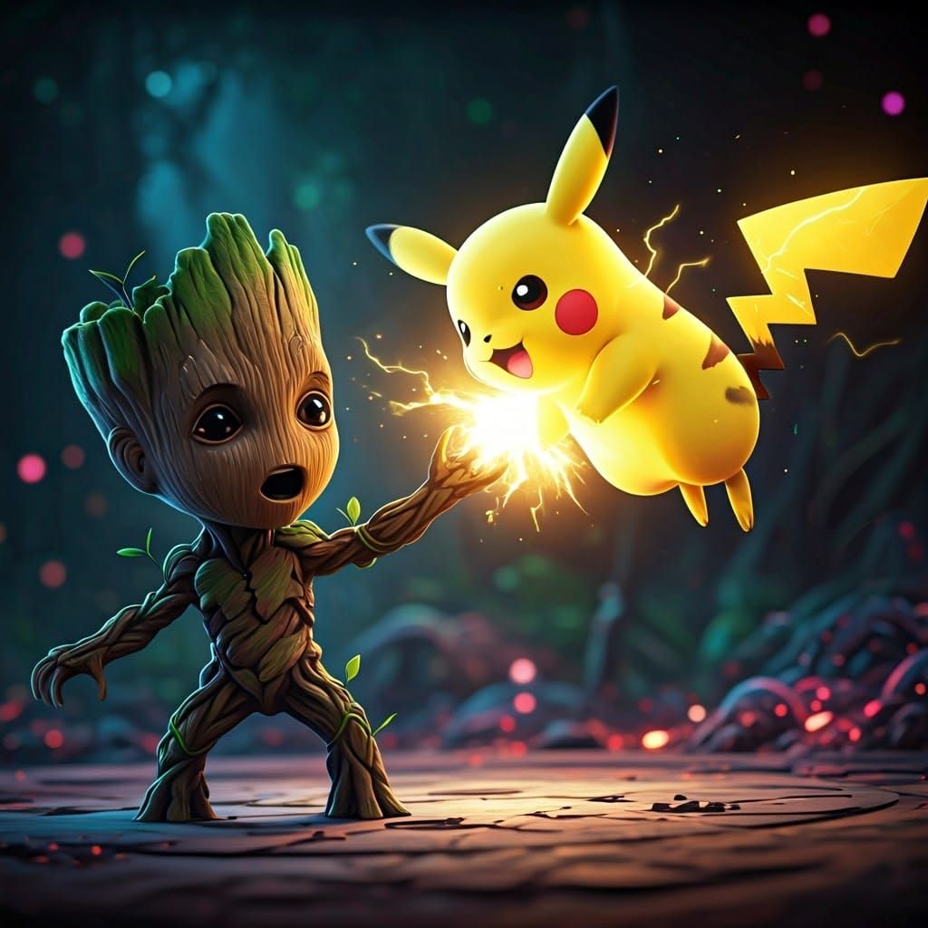 Baby Groot versus Pikachu  by @Lan