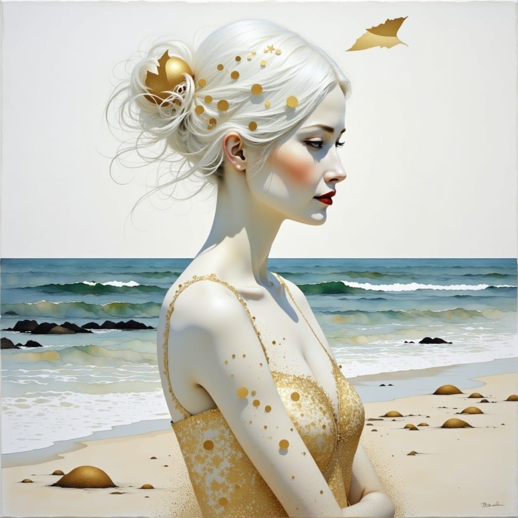 "Richard Burlet, Minimalist, white haired photomodel, in an seashore nature illustration; surreal; white and golden color; full body, high k...