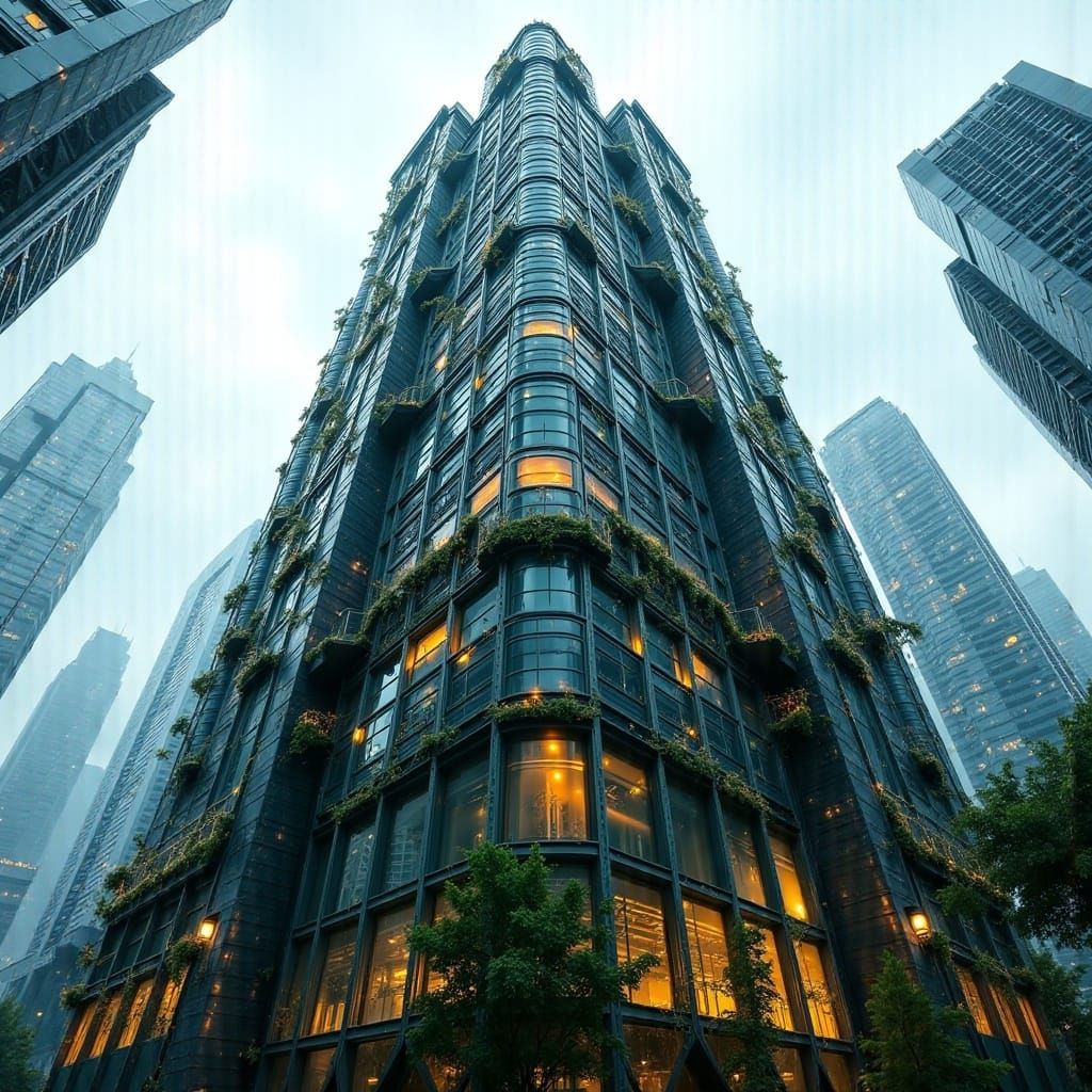 Modern skyscraper, overgrown, <lora:Wisps of Glow:1.0> 