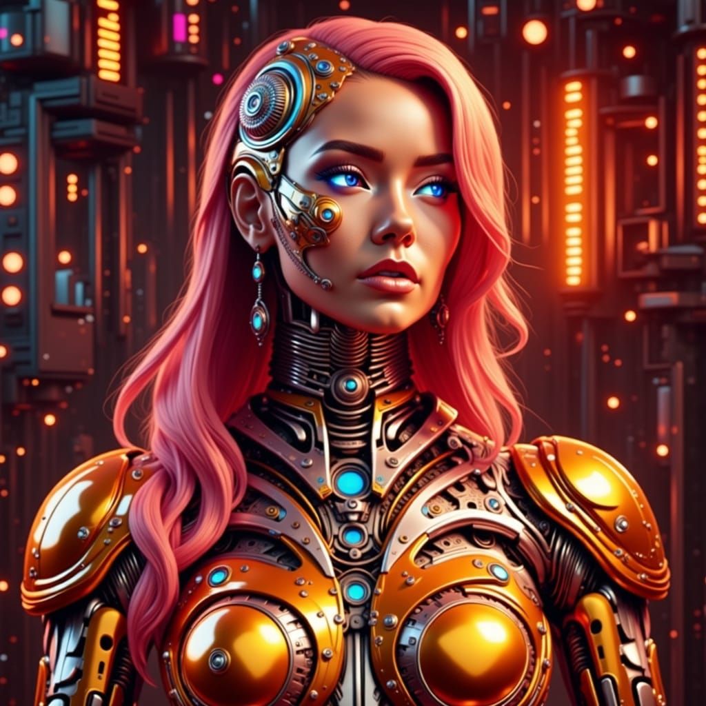 Cyberpunk Cyborg Portrait in Neon Cityscape