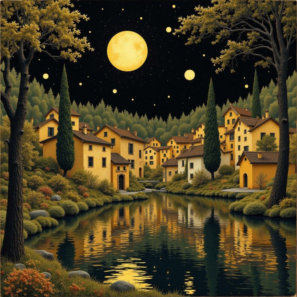  <lora:Gold Black flux:1.0> little town near lake, gold black, klimpt