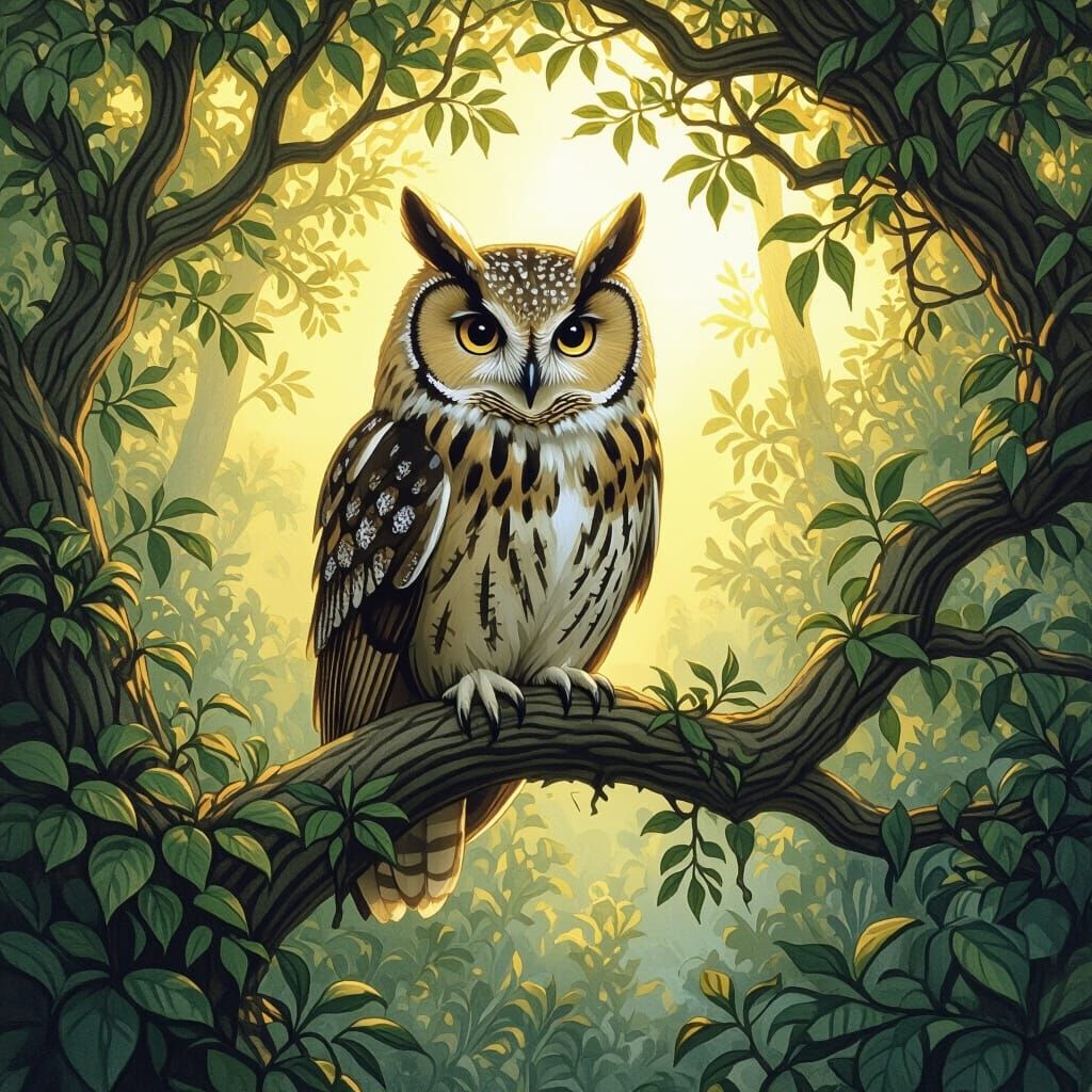 Owl in Forest Illustration with Golden Lighting