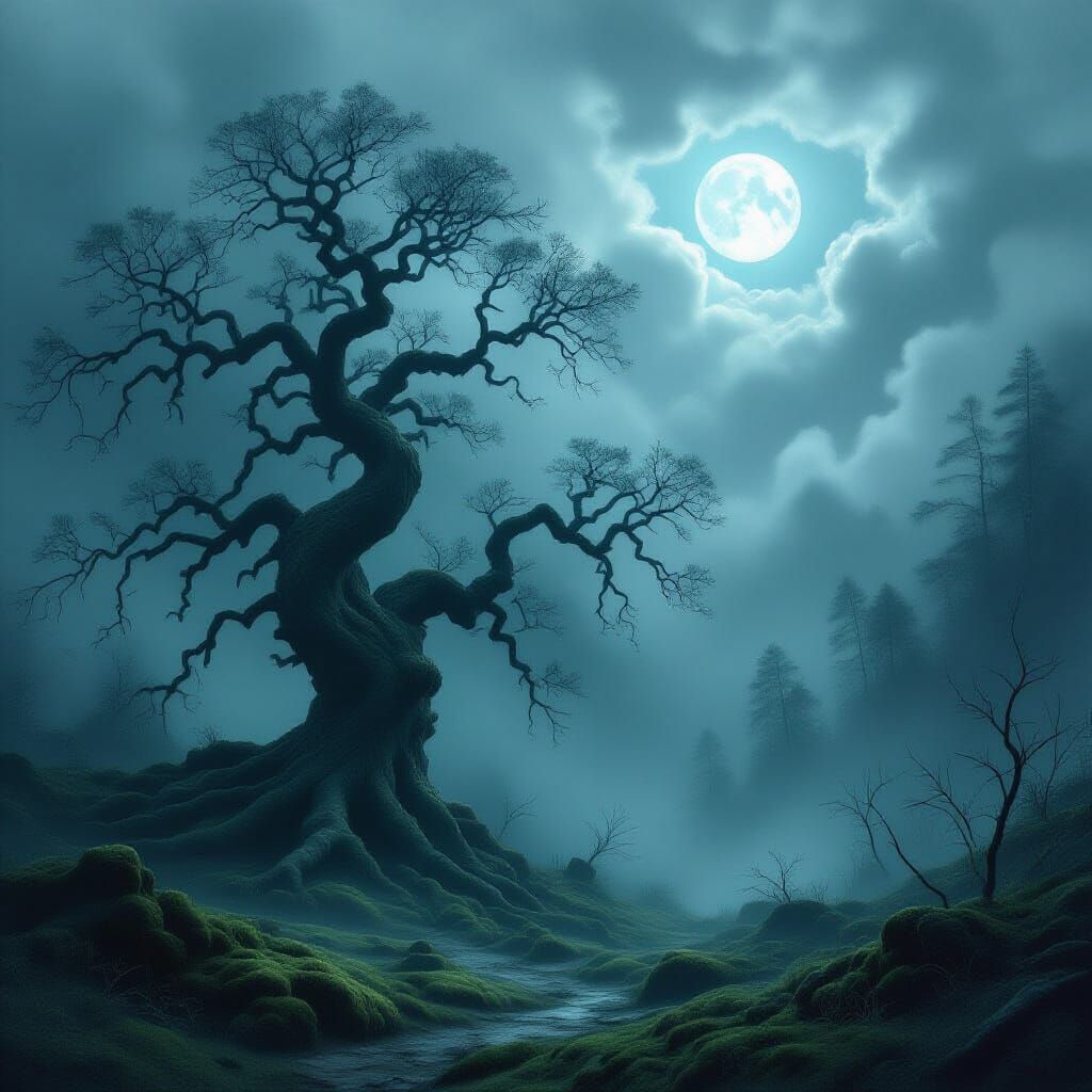 A lone, ancient tree stands sentinel in a dense, ethereal forest, its gnarled branches reaching towards ...  by @Martin Filip