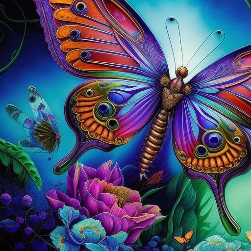 “HYPERDETAILED BACKLIT BEAUTIFUL BUTTERFLY PAINTING BY ANDROID JONES:: GLITTER::BEAUTIFUL COLORS: FLORAL: JOE FENTON AND...