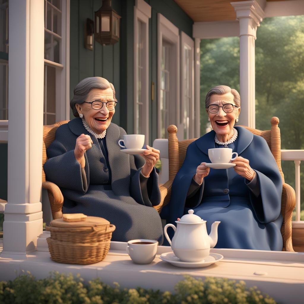 Ruth Bader laughing over a cup of tea on a porch with a frie...