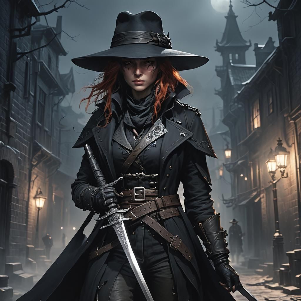 an illustration of a man in a black hat and long black coat with a sword, d & d rogue, character design from d & d, female rogue, as a solom...