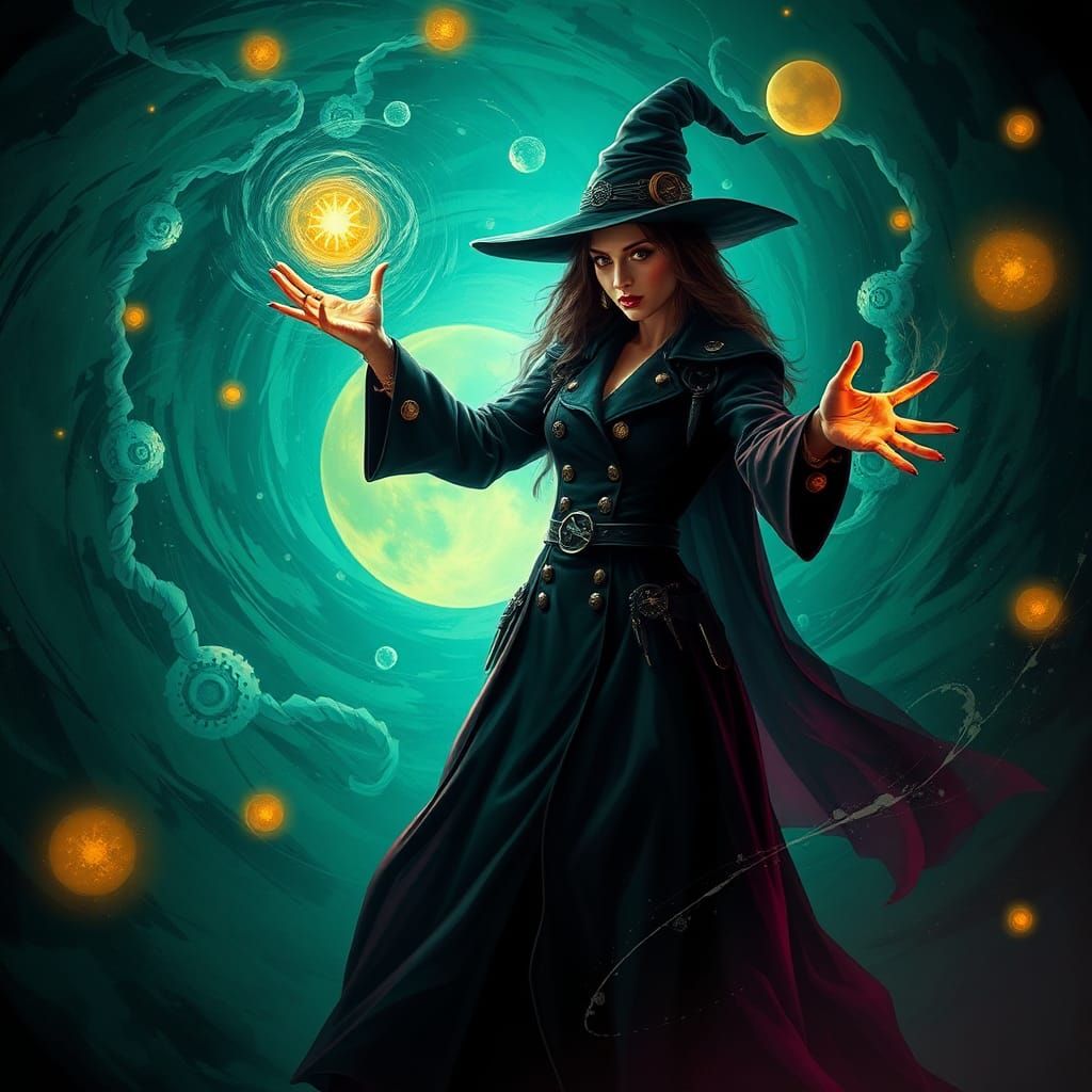 beautiful dieselpunk witch Casting a magic spell, dynamic li...