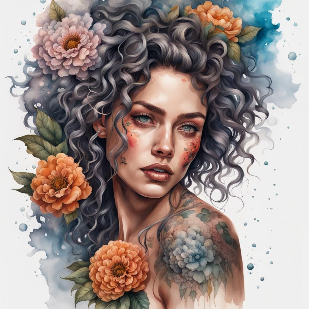 High quality portrait of a young beautiful woman with many tattoos and ...