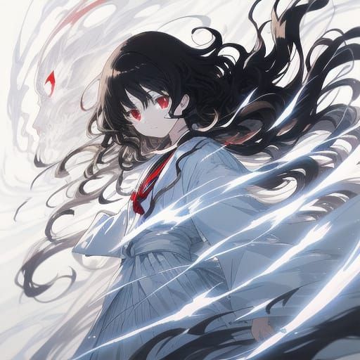 Anime Woman with Black Hair and Red Eyes