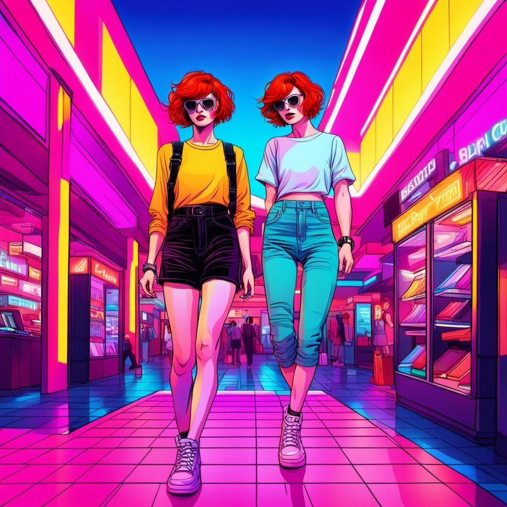 Barefoot redhead girl with a pixie cut in a synthwave mall