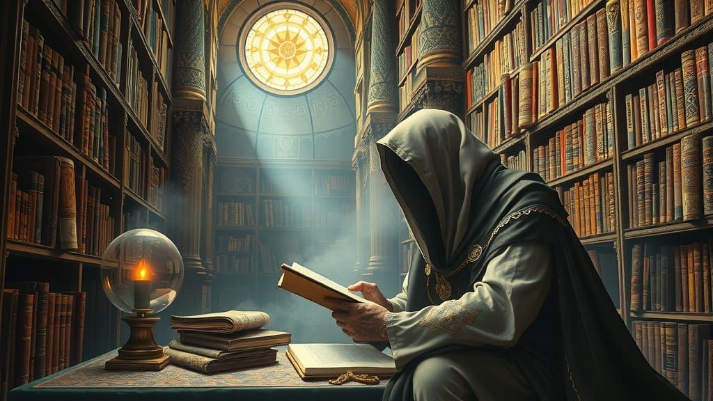 A spectral scribe meticulously transcribes ancient cosmic texts within a vast, ethereal library, surrounded by towering shelves filled with ...