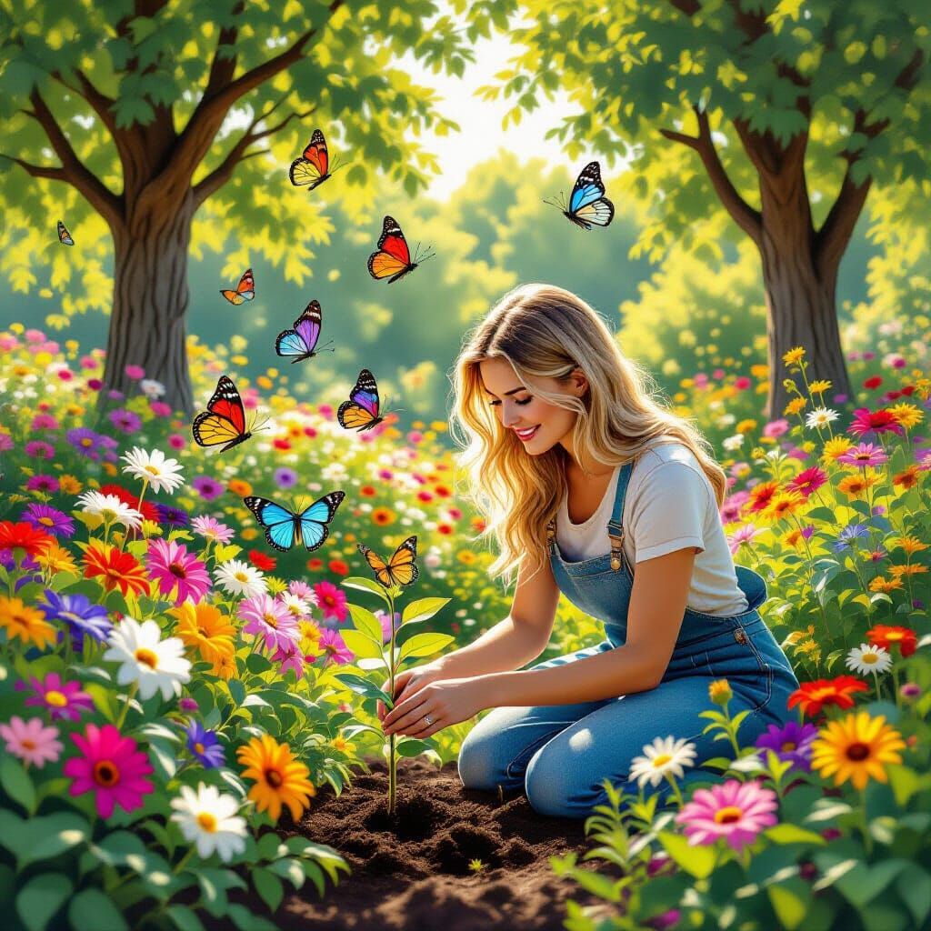 A gorgeous group of butterflies are flying  in a beautiful flower garden the garden has 3 trees.  A short 41 year old blonde woman is planti...