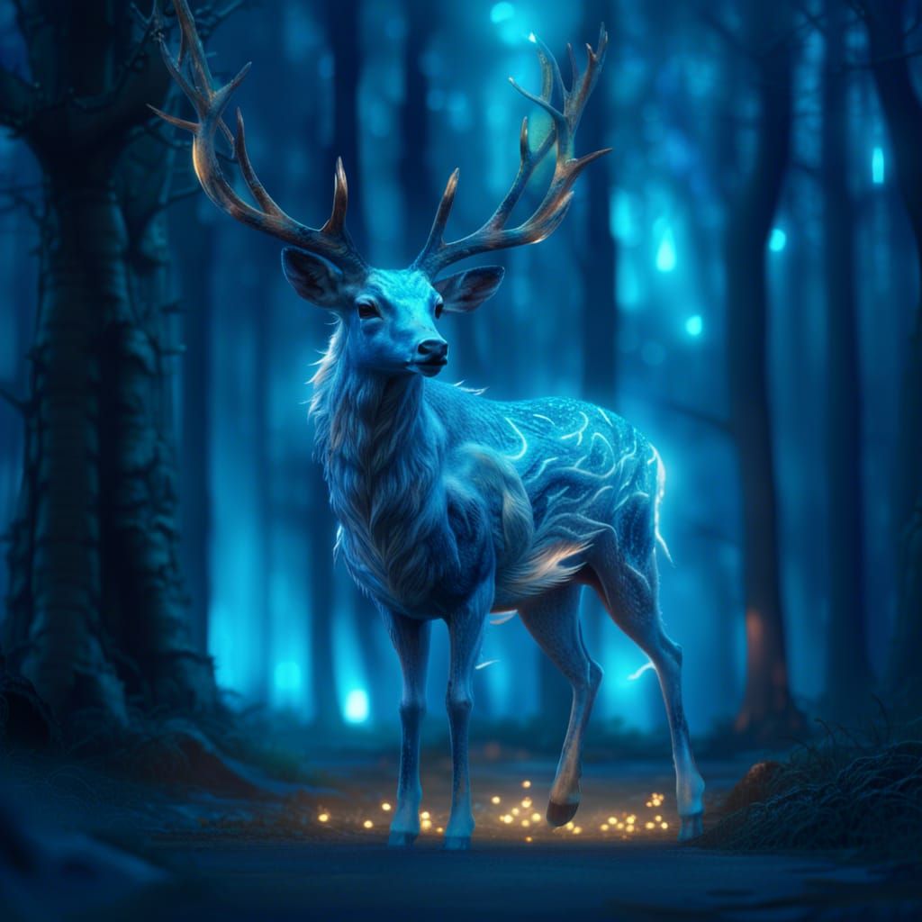 Starry light blue deer Patronus from Harry Potter standing in a forest clearing cinematic 8k resolution, ...  by @ChatBlanc