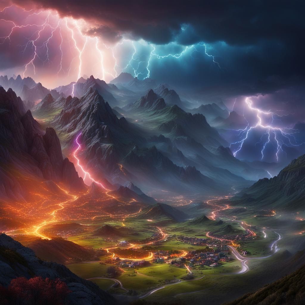 lightning over a colourful mountain valley