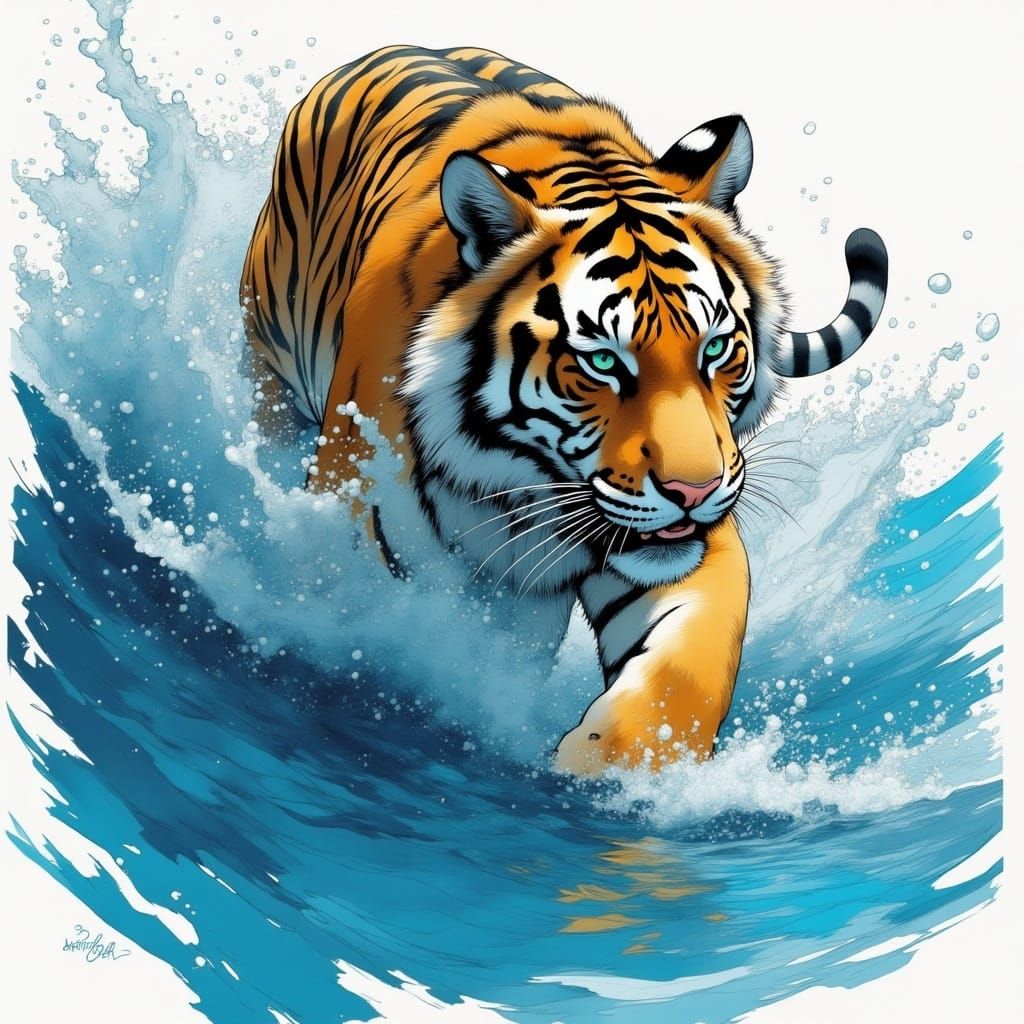 Tiger splashing through water, blue hues <lora:Flux-Inked:1.0> 