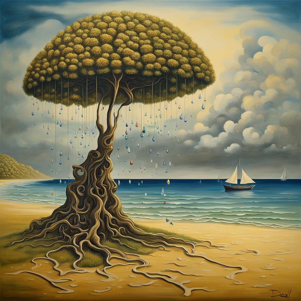 A umbrella tree were lined up on the grass at the beach,righ...