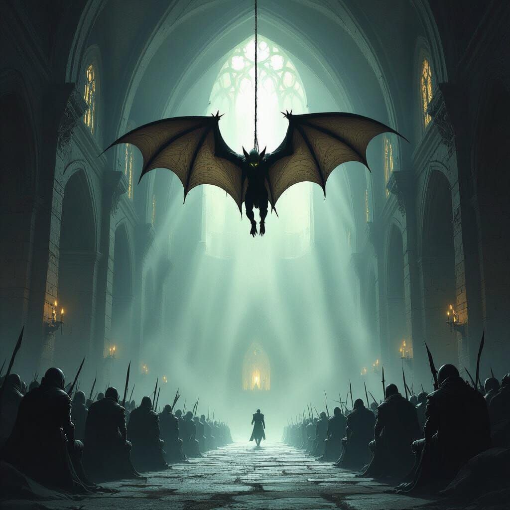 Large room inside a dark castle with a luminous opaque light. Against all the walls are lines of goblins with batwings in some kind of dorma...