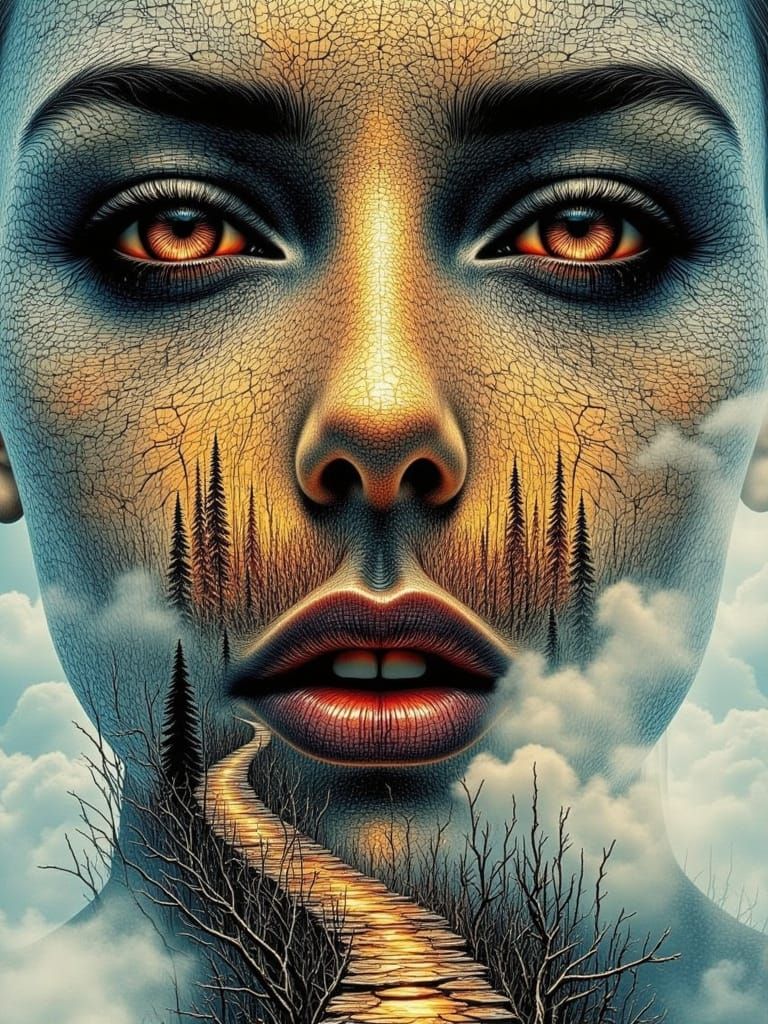 <lora:Dublex-Flux:1.0> <lora:DistortedImagination:1.0> Portrait face By Russ mills double exposure Photorealistic Hyperrealism infused with ...