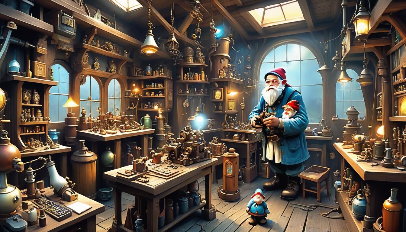 The Tinkerer’s Workshop: A cluttered shop filled with mechan...