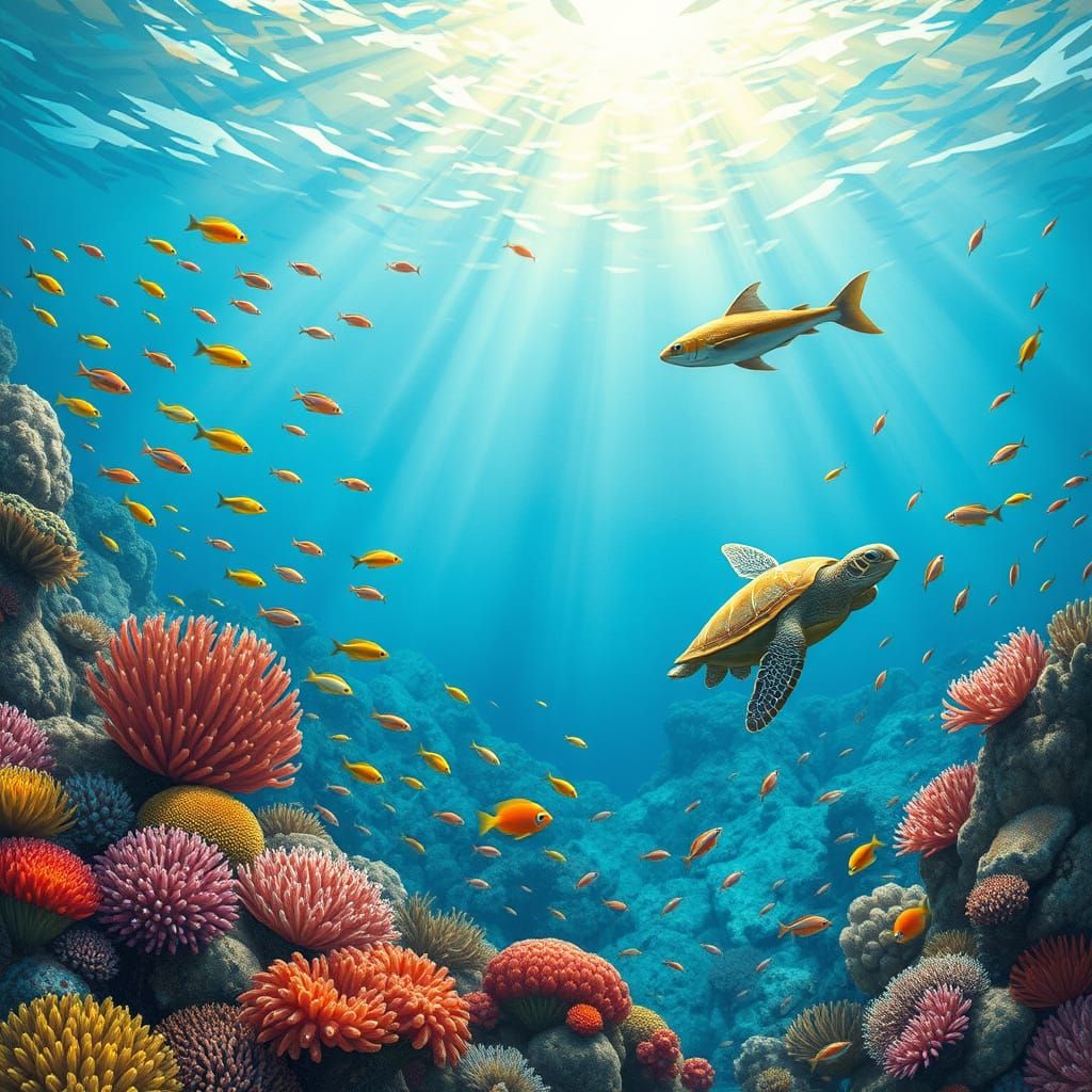 envision a vibrant coral reef teeming with life, where schools of colorful fish dart among the swaying anemones and sea turtles glide gracef...