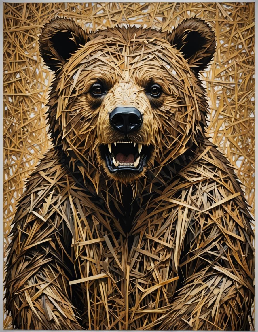 Poster with an image of a bear made by straw, in the style o...