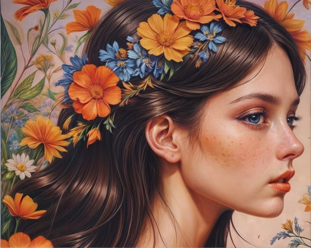 a woman with flowers in her hair