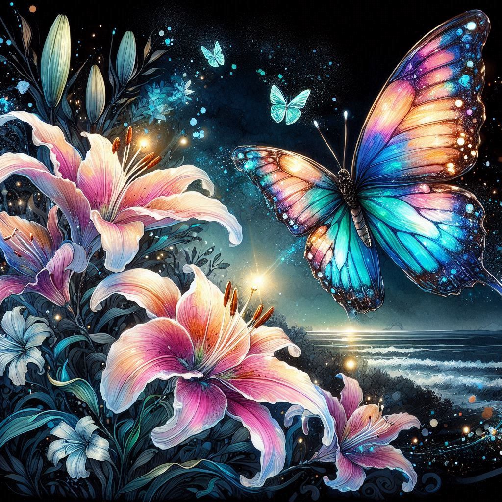 Lilien am Seeufer bei Sonnenuntergang, mit einem leuchtenden...