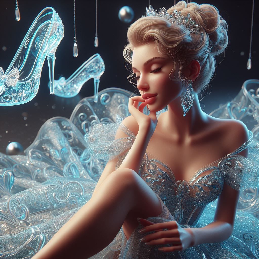 Cinderella in glass dress and slippers by DALL-E3