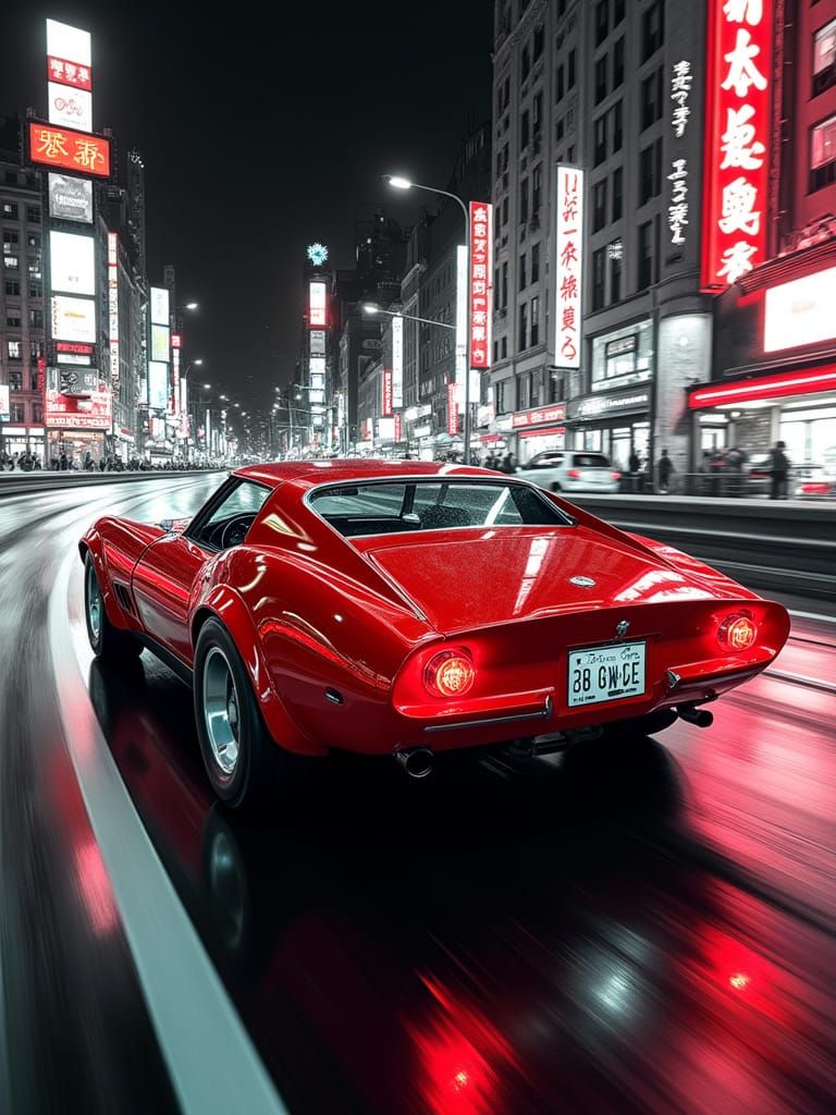 Vibrant Red Car Dominates Monochrome Cityscape in Graphic No...