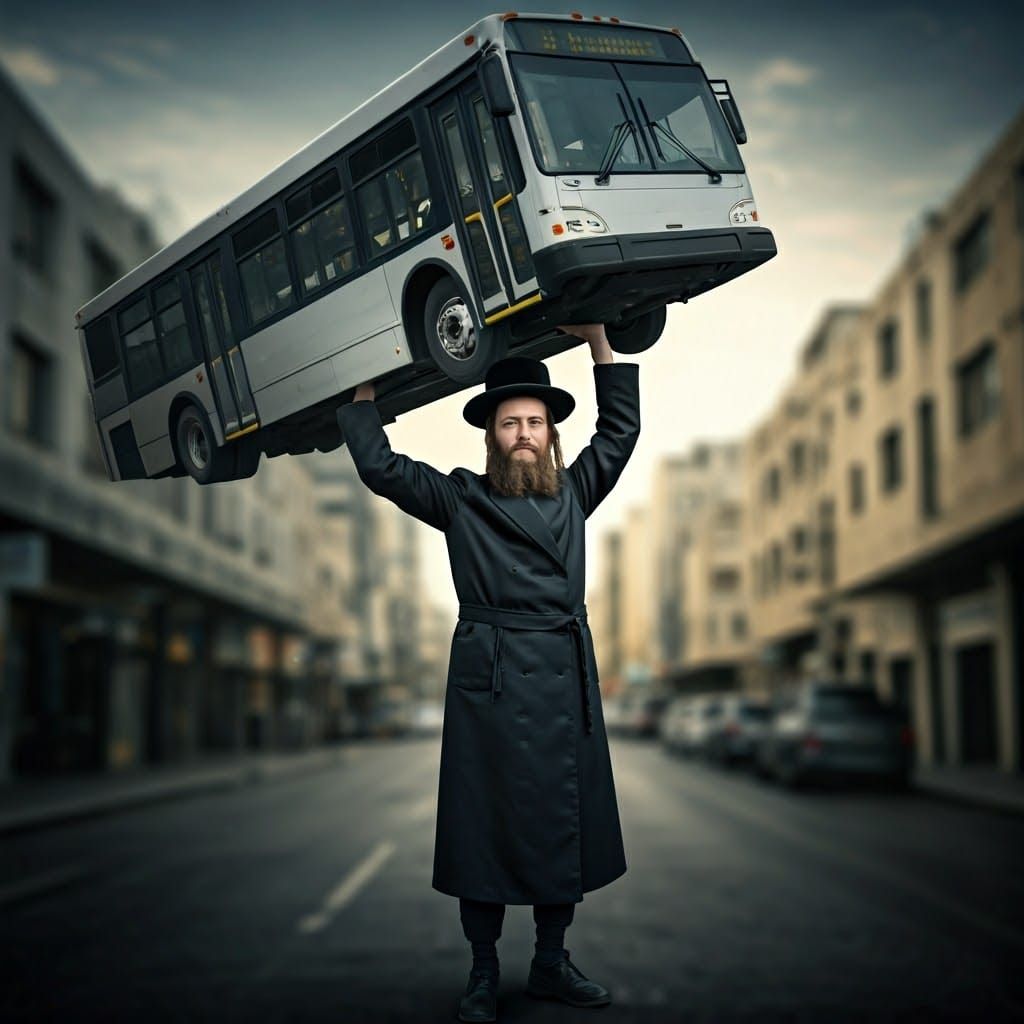 An ultra-Orthodox Jew in traditional clothing, a superhero h...