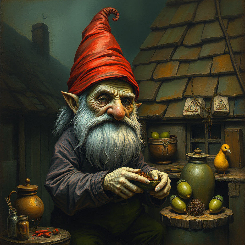 portrait, gnome, peddler, gloomy, cottage, oil, grimdark, Paul Kidby, borderlands, chiaroscuro, hallucinatory, Enki Bilal