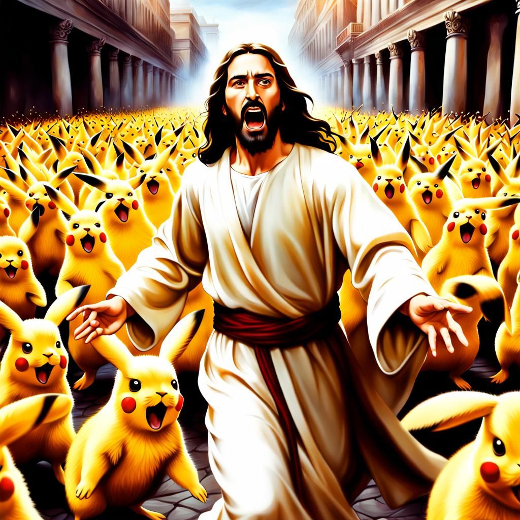 Jesus running from a mob of angry Pikachus - AI Generated Artwork ...