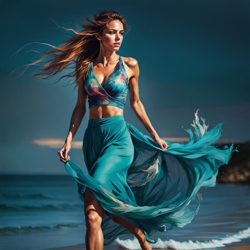 A beautiful woman running along the beach withi waves lappin...