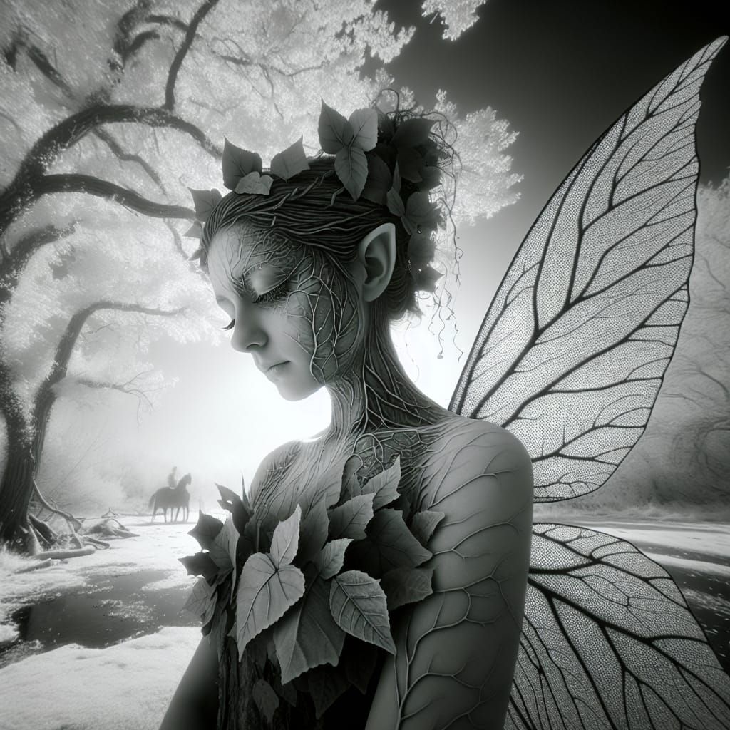 <lora:Frost:1.0>  Infrared black and white photography, Portrait of a  snow fairy woman with ice glazed  butterfly wings attached to back , ...