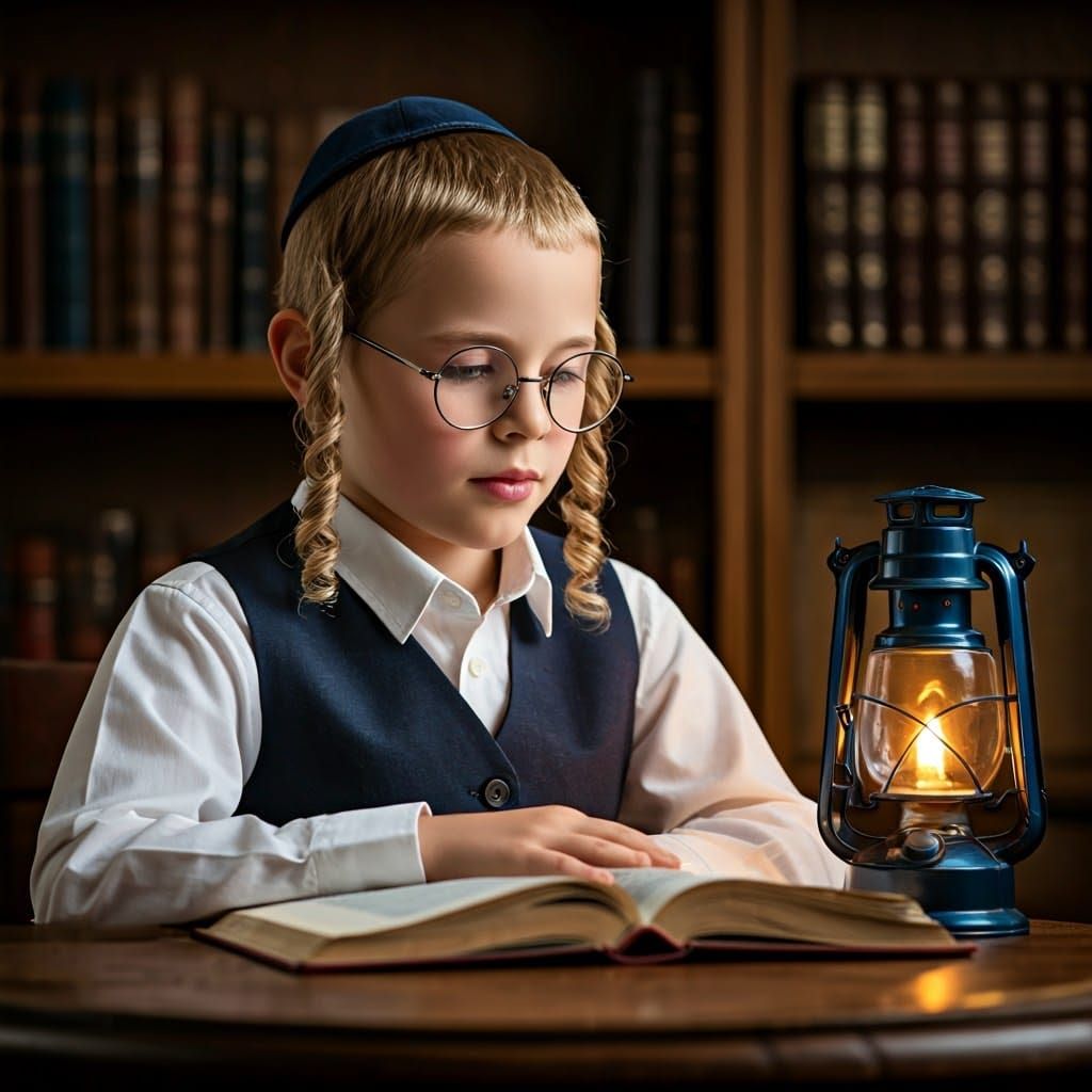 Serene Hasidic Boy Studies Torah in a Traditional Synagogue