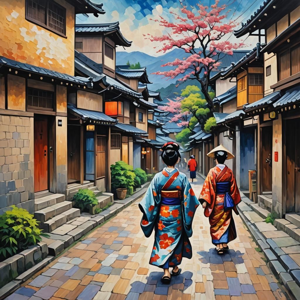 Japanese Woman in Village: Expressionist Oil Painting