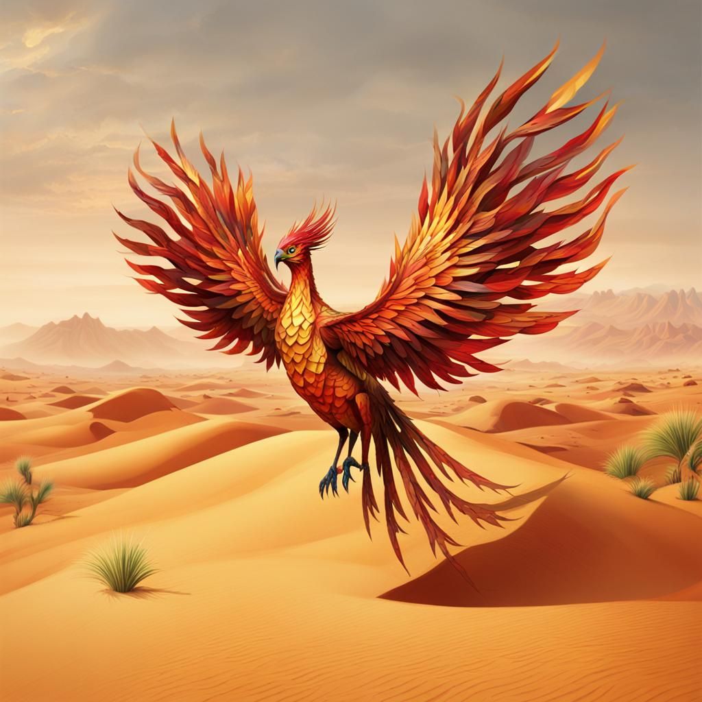 Make a phoenix flying in the desert