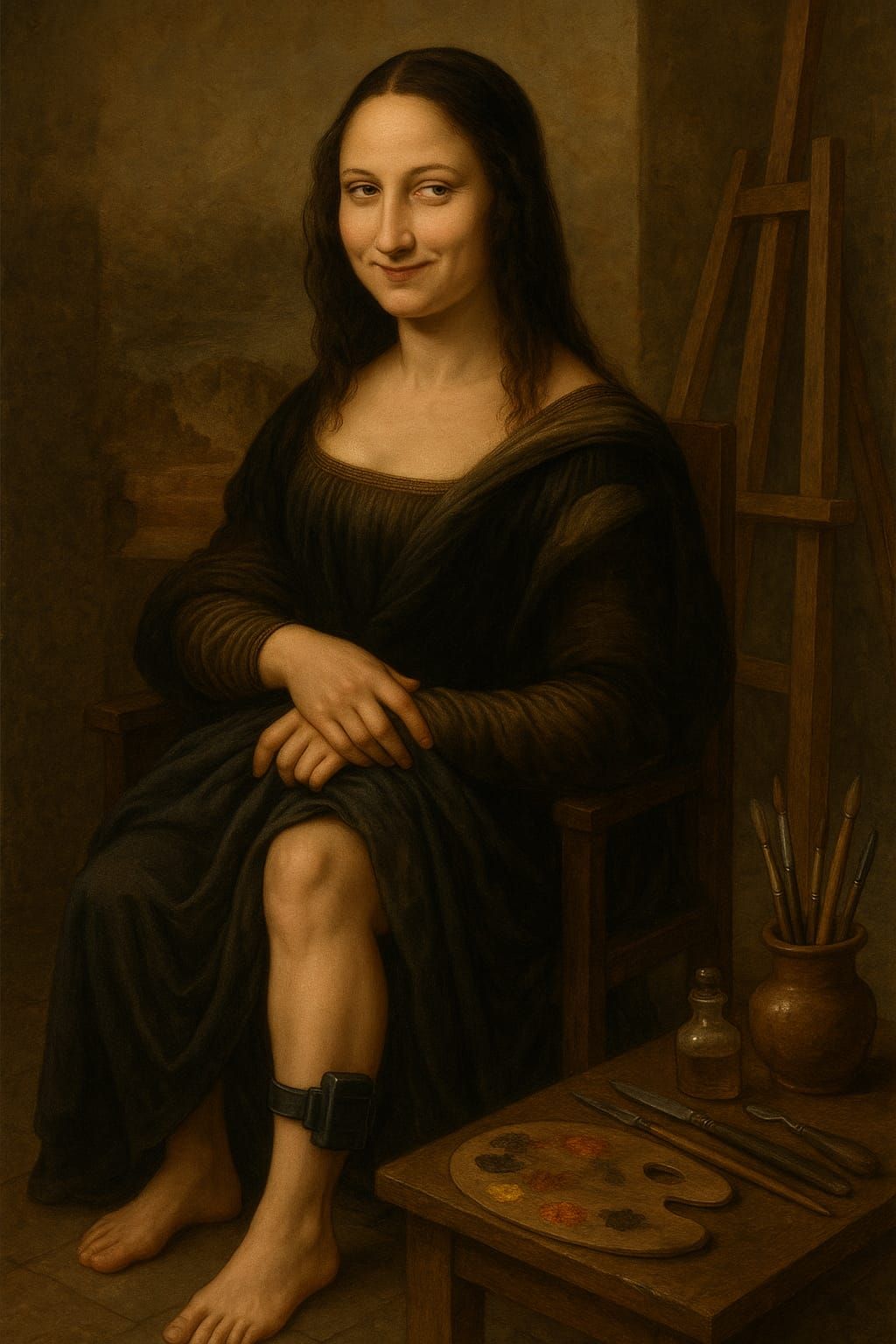Renaissance style painting of the Mona Lisa lifting up her skirt and showing an electronic ankle monitor