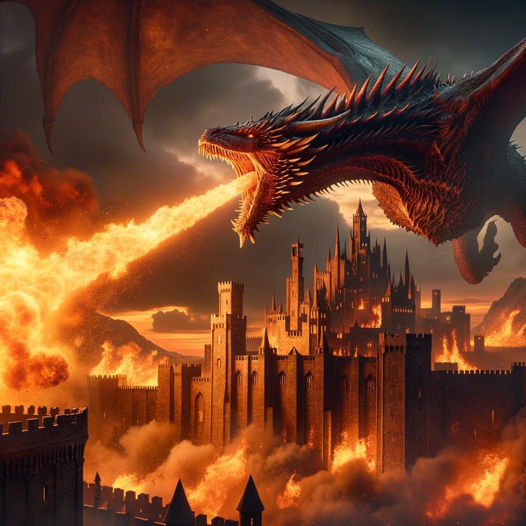 dragon of game of thrones in the sky making flames and burning castle in front of it