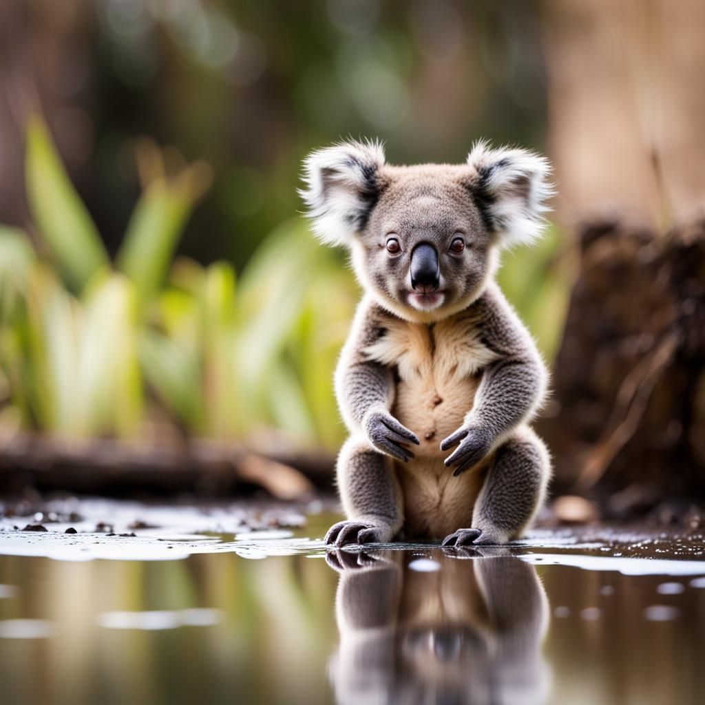 A baby koala, staring at its reflection in a puddle.